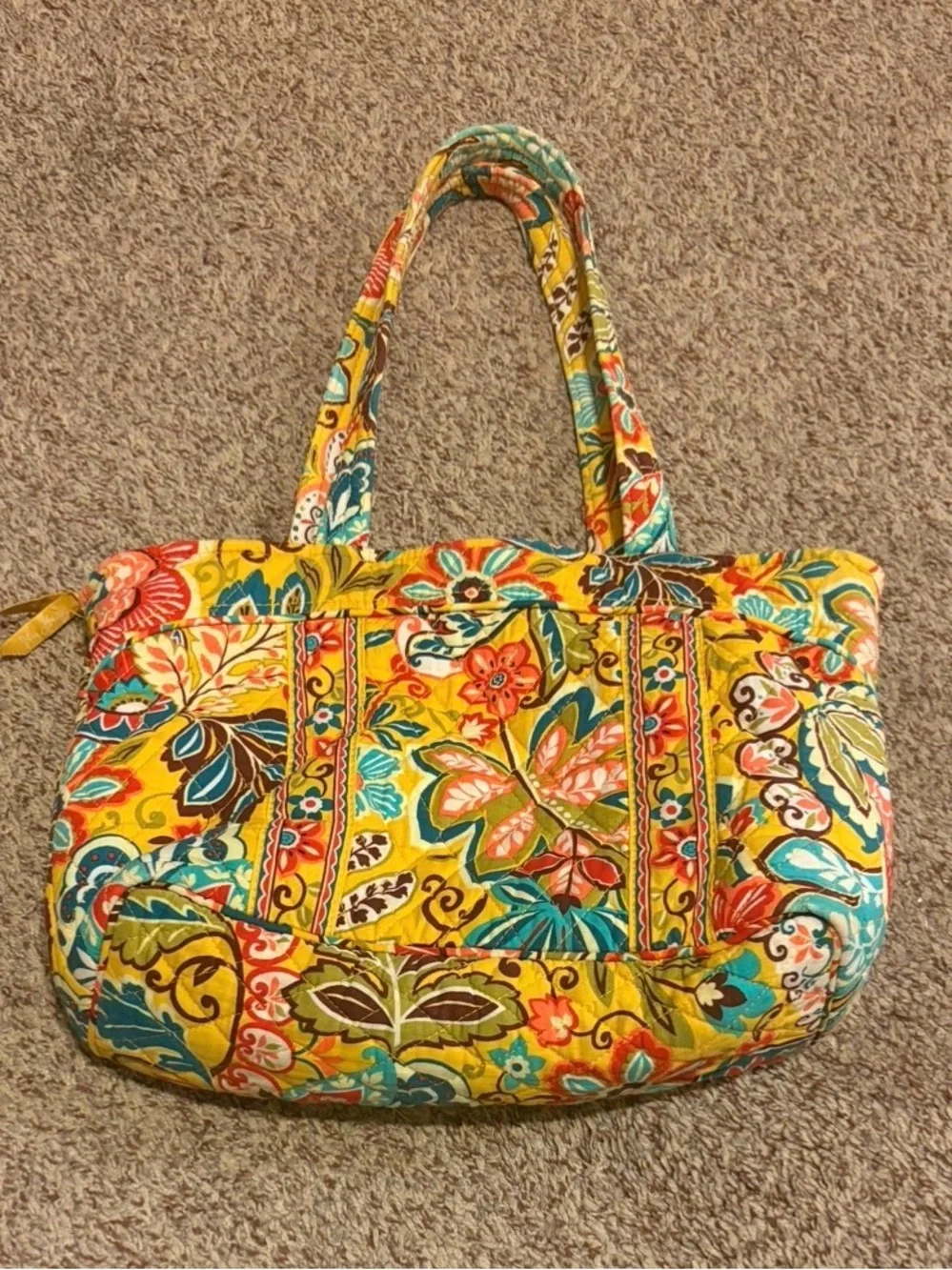 Vera Bradley Yellow Floral Quilted Tote with Teal, Red, Pink and Brown Accents